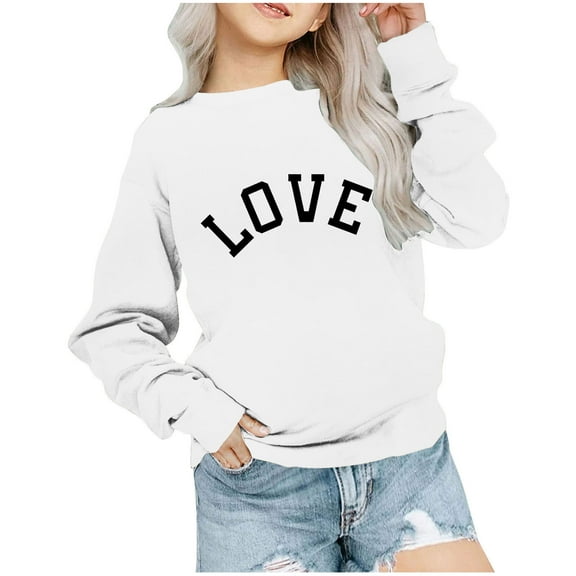 Atogsazn Toddler Girl Sweatshirt Kids Casual Letter Printed Long Sleeve Pullover Sweatshirts Fashion Clothes 05-White 5-6 Years