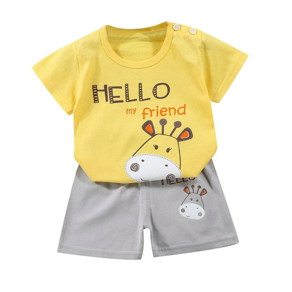 Atogsazn Toddler Girls Boys Clothes Outfits Clearance Kids Baby Fashion Cute Prited Cotton T-Shirt Tops Graphic Tee and Shorts 2PC Sport Suit 6-9 Months Yellow