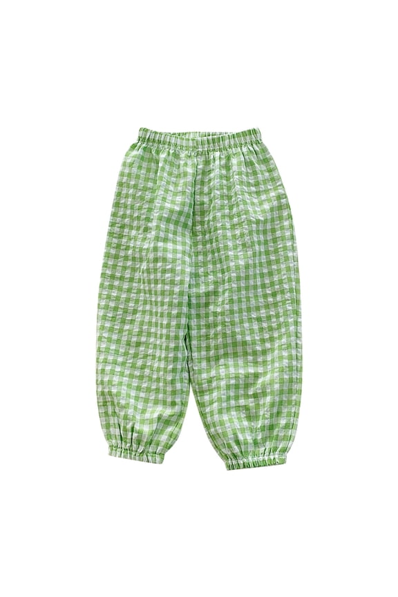 Toddler Girls Cotton Linen Pants Kids CasuaL Plaid Elastic Waist Pant Spring Fall Clothes Trousers Green 6-7 Years