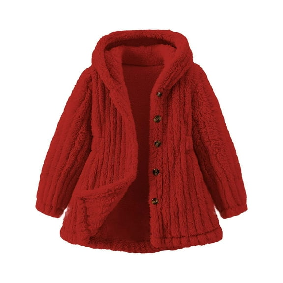Atogsazn Toddler Girls Fuzzy Knitted Jacket Kids Loose Button Down Long Sleeve Hooded Coat Winter Warm Tops Clothes Red 1-2 Years Fashion