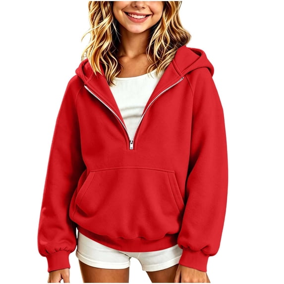 Atogsazn Toddler Girls Half Zip Hoodies Kids Casual Oversized Long Sleeve Pullover Hooded Sweatshirt Red 5-6 Years Fashion