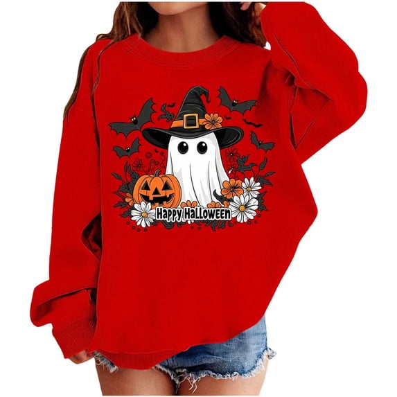 Atogsazn Toddler Girls Halloween Oversized Sweatshirt Kids Casual Long Sleeve Ghost Pumpkin Print Sweater Fall Winter Tops Red 2-3 Years Fashion