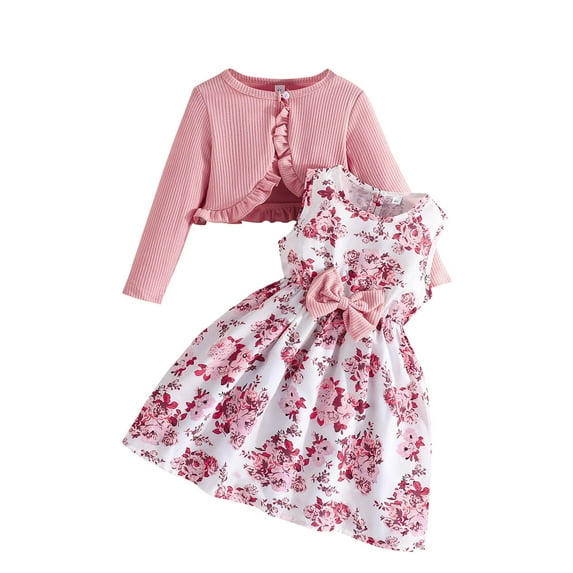 Atogsazn Toddler Girls Summer Clothes Set Kids Ribbed Long Sleeve Cardigan Shrug Sweater Floral Dress Outfit Pink 4-5 Years Fashion