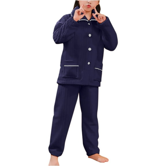 Atogsazn Toddler Girls Winter Pajamas Set Kids Button Long Sleeve Sleepwear Pants Outfit Pjs Loungwear Clothing 01-Navy 3-4 Years Fashion