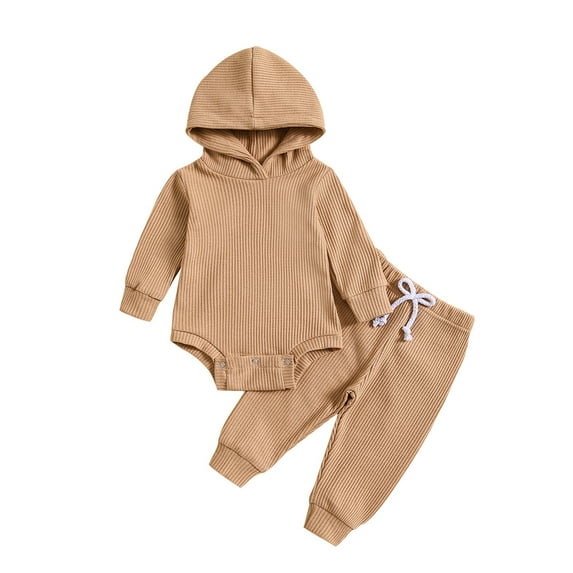 Atogsazn Toddler Hooded Romper and Trousers Outfit Toddler Kids Boys Girls Fashion Cute Solid Color Long Sleeve Hooded Romper Pants Suit 12-18 Months Khaki