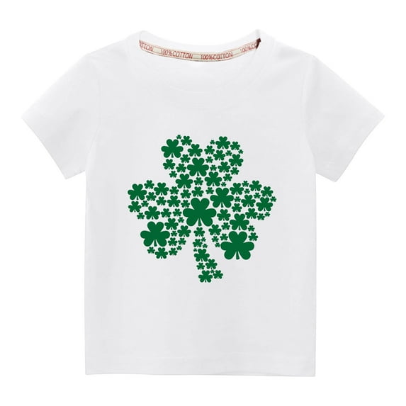 Atogsazn Toddler Kids Boys Girls St. Patrick's Day Short Sleeve Graphic Tee Fashion Cute Solid Color Round Neck Shamrocks Print Top for 3 Years Baby White