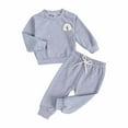thumbnail image 1 of Atogsazn Toddler Long Sleeve Sweatshirt and Trousers Outfit Clearance Fall Winter Boys And Girls' Set Round Neck Embroidered Long Sleeved Pants Baby Stripe Set Home Set 12-24 Months Gray, 1 of 8