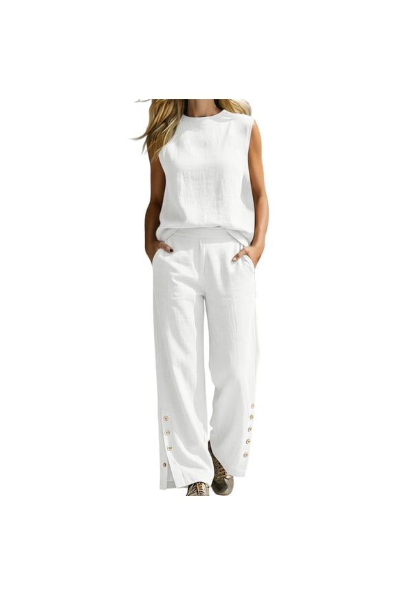 Two Piece Linen Sets for Womens Lightweight Sleeveless Tank Tops & Bottom Button Wide Leg Pants Outfit White S Fashion