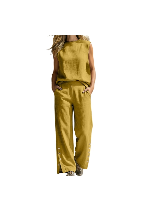 Two Piece Linen Sets for Womens Lightweight Sleeveless Tank Tops & Bottom Button Wide Leg Pants Outfit Yellow L Fashion