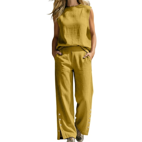 Atogsazn Two Piece Linen Sets for Womens Lightweight Sleeveless Tank Tops & Bottom Button Wide Leg Pants Outfit Yellow XL Fashion