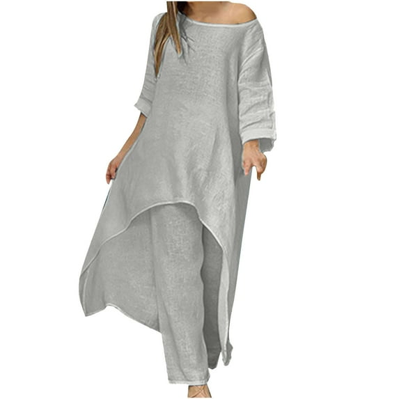 Atogsazn Two Piece Matching Sets for Women Summer Cotton Linen Outfits Sets Long Sleeve Loose Tops And Long Pants Tracksuits Suit Gray XXL