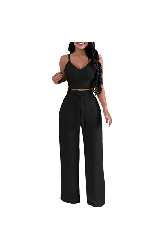 Two Piece Outfits Women Summer Bohemian Solid Color Crop Tops+Wide Leg Pants 2 Piece Set Beach Outfits Tracksuit Black L