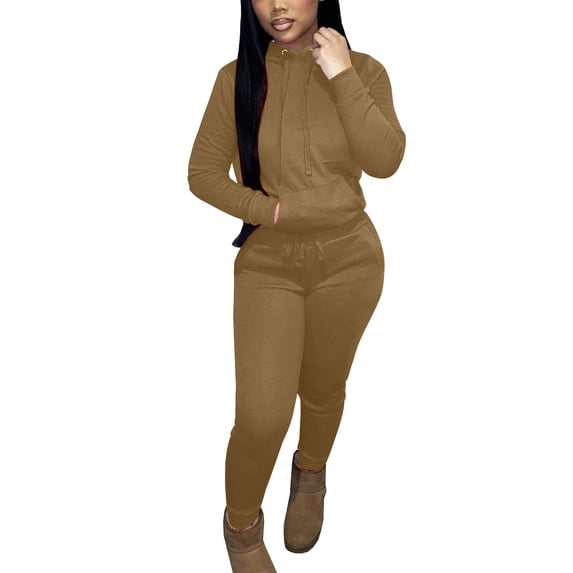 Atogsazn Two Piece Outfits for Women Jogger Sets Workout Sweat Suits Tracksuit Pants Set Drawstring Athletic Hoodies Brown XXL