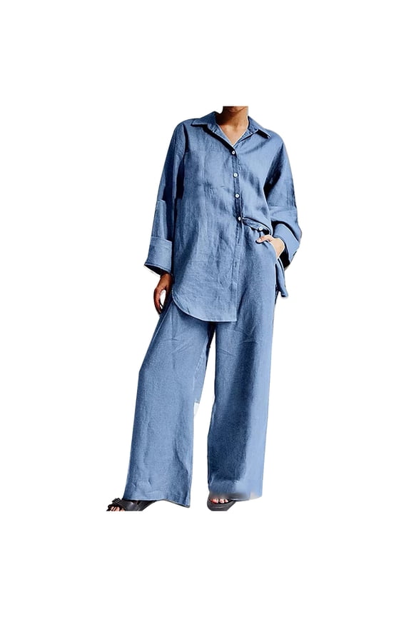 Two Piece Sets for Women Casual Baggy Cotton Linen Long Sleeve Button Shirt Blouse and Wide Leg Pants Set With Pocket Blue S