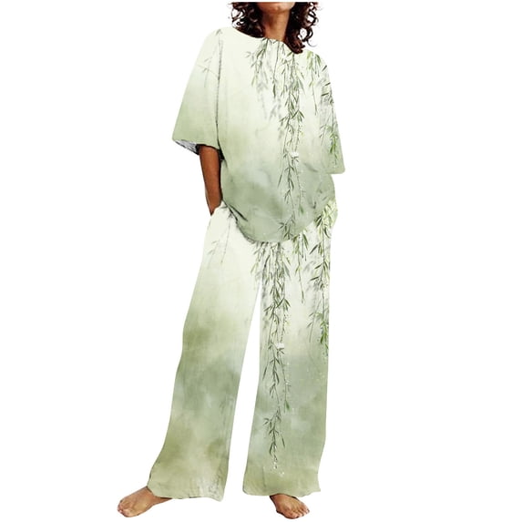 Atogsazn Two Piece Sets for Women Casual Summer Printed Round Neck Short Sleeve Tops And Wide-Leg Pants Suit Yellow XXL on Clearance