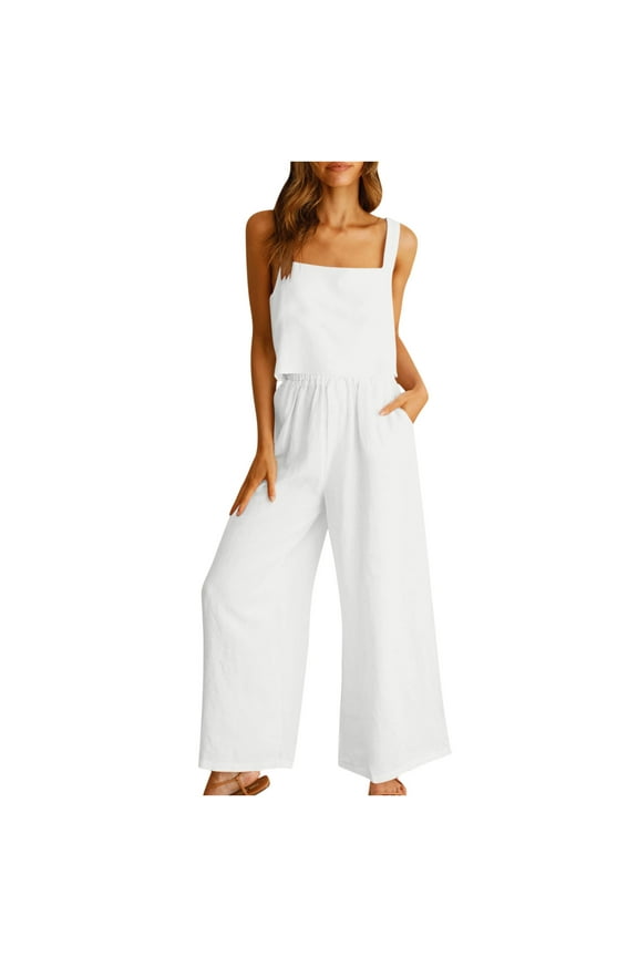 Two Piece Sets for Women Casual Summer Sets Linen Sleeveless Crop Top Wide Leg Pants Lounge Matching Sets White M
