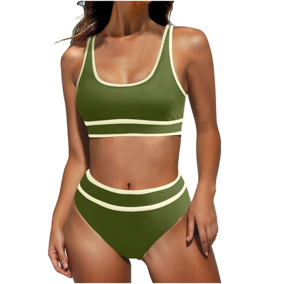Atogsazn Two Piece Sporty Swimsuits for Women Color Block Cheeky High Cut Bathing Suits 2025 Fashion Color Solid Swimwear Green L