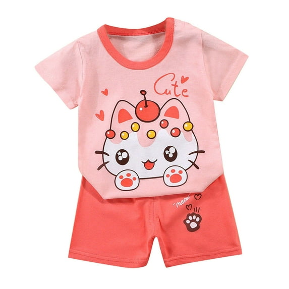 Atogsazn Unisex Toddler Clothes Outfit Set Clearance Kids Summer Short Sleeve Round Neck Graphic Tee Cotton T-Shirt Tops and Shorts Puppy Print Casual Suit 3-4 Years Pink