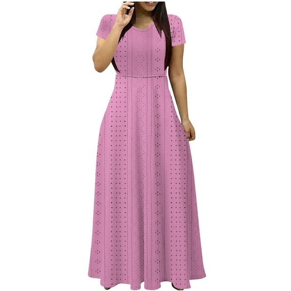 Atogsazn Wedding Guest Dresses for Women Summer Casual Solid Color Short Sleeved V-neck Maxi Dress Plus Size Dresses for Curvy Women Hot Pink S