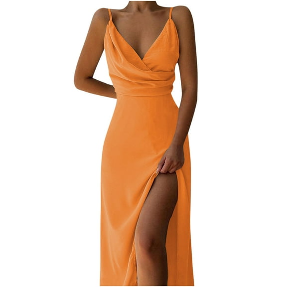 Atogsazn Wedding Guest Dresses for Women Sleeveless Solid V-Neck Long Party Dresses Formal Dress for Women Orange XL