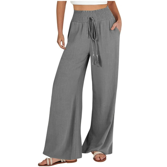 Atogsazn Wide Leg Linen Pants for Women Loose Cozy Full Length Pants Casual High Waisted Drawstring Pants Dark Gray XXL