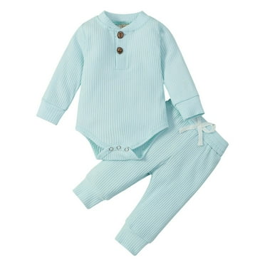 Atogsazn Winter Newborn Baby Boy Girl Clothes Set Ribbed Outfits Long Sleeve Romper Pants 2PCS Solid Color Sets Blue 9-12 Months on Clearance