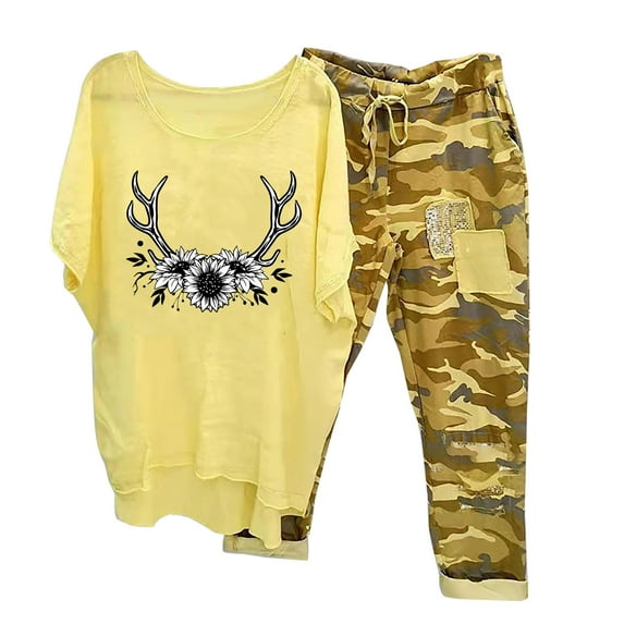 Atogsazn Women 2 Piece Outfits Linen Matching Sets Casual Print Crewneck Half Sleeve Shirt Tops + Capri Pants Trousers Set Yellow XXXXL