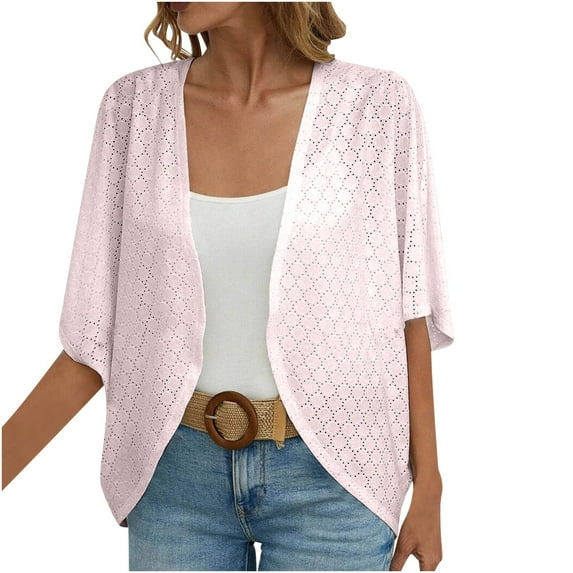 Atogsazn Women 3/4 Sleeve Jacket Casual Loose Cardigan Jacket Hollowing Solid Color Coat with Pocket B-Pink XL
