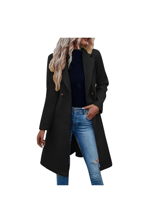 Women A Line Peacoat Dress Coat Casual Long Sleeve Belted Notch Lapel Overcoat Fall Winter Trench Coats Fashion Black XXL
