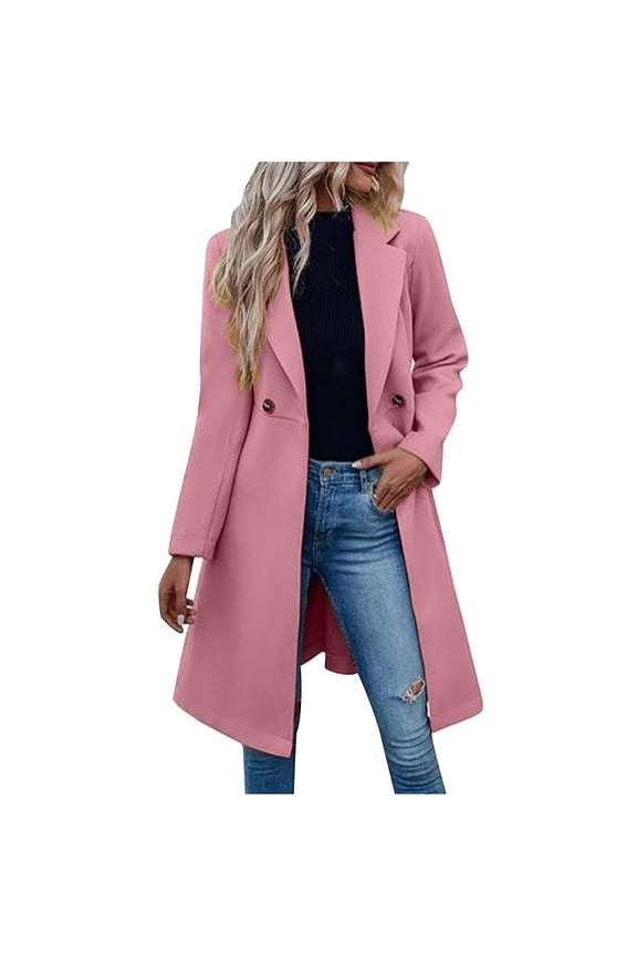 Women A Line Peacoat Dress Coat Casual Long Sleeve Belted Notch Lapel Overcoat Fall Winter Trench Coats Fashion Pink M