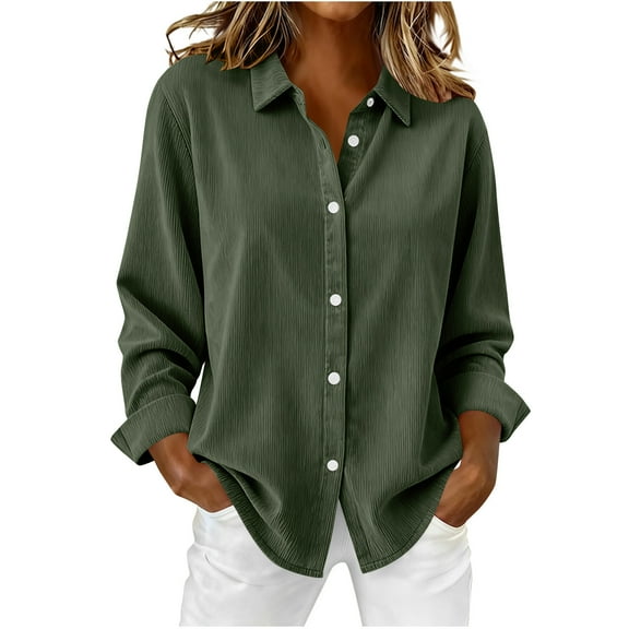 Atogsazn Women Button Up Shirt Casual Corduroy Long Sleeve Blouse Loose Fit Tops Fall Outfit Clothes 02-Army Green S Fashion