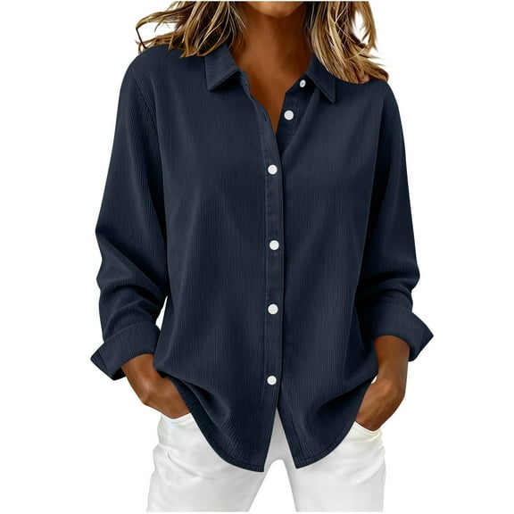 Atogsazn Women Button Up Shirt Casual Corduroy Long Sleeve Blouse Loose Fit Tops Fall Outfit Clothes 02-Dark Blue M Fashion