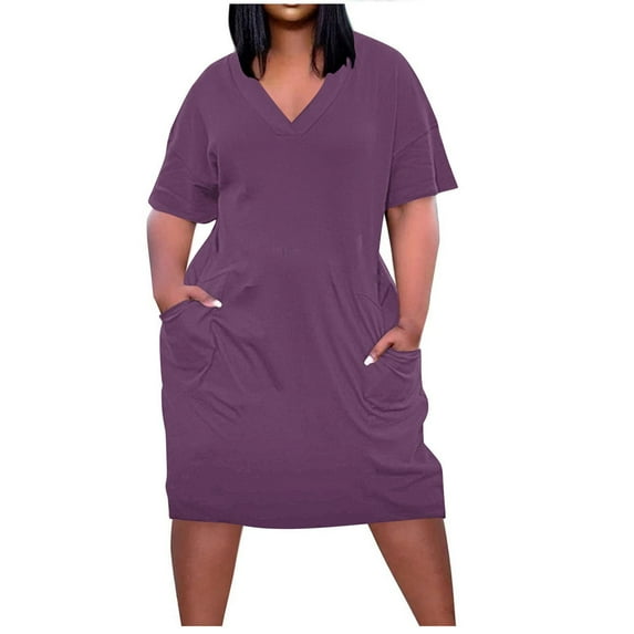 Atogsazn Women Casual T-Shirt Dress V Neck Short Sleeve with Front Two Pockets Solid Color Oversize Dresses 01-Purple XL
