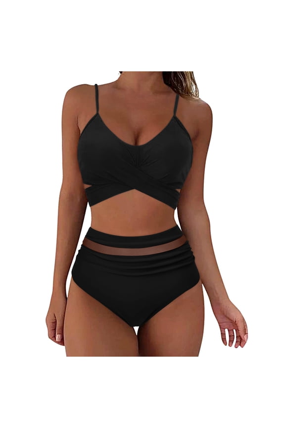 Women Cross Wrap Halter Bikini Set High Waisted Bathing Suits Push Up Two Piece Swimsuits Beachwear Black XXL
