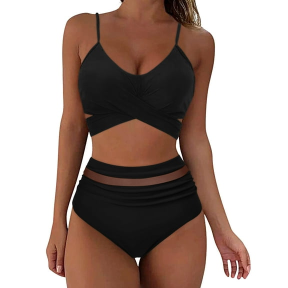 Atogsazn Women Cross Wrap Halter Bikini Set High Waisted Bathing Suits Push Up Two Piece Swimsuits Beachwear Black XXL
