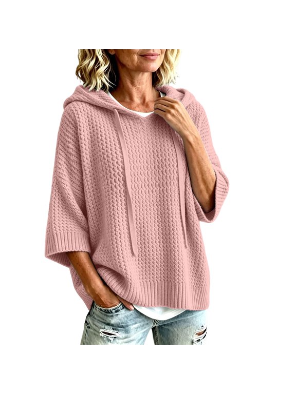 Women Drawstring Hooded 3/4 Sleeve Knit Sweater Oversized Loose Ribbed Hem Casual Pullover Top Pink M Fashion