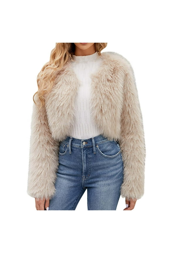 Women Faux Furry Cropped Jacket Casual Long Sleeve Open Front Coat Winter Warm Fashion Tops A-Beige S