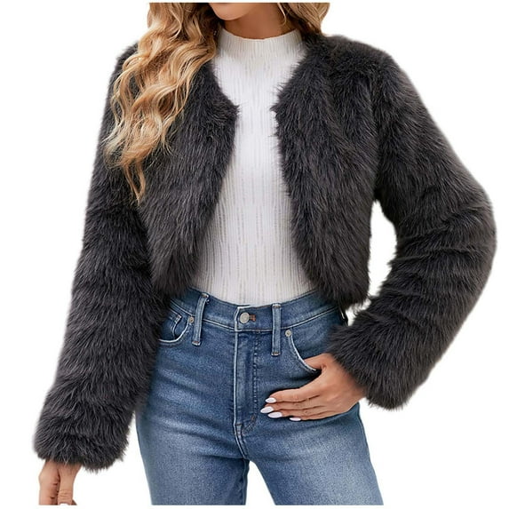 Atogsazn Women Faux Furry Cropped Jacket Casual Long Sleeve Open Front Coat Winter Warm Fashion Tops A-Dark Gray M