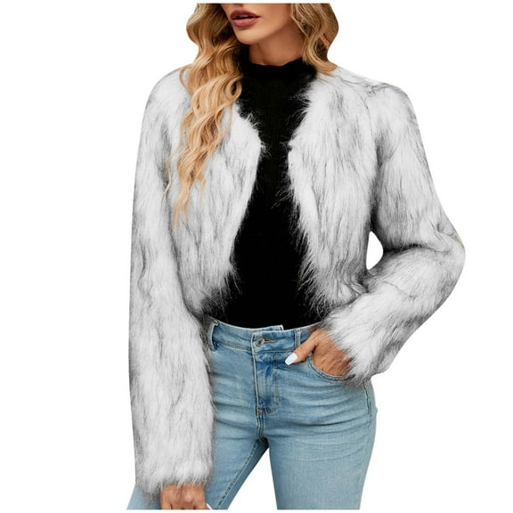 Atogsazn Women Faux Furry Cropped Jacket Casual Long Sleeve Open Front Coat Winter Warm Fashion Tops C-White M