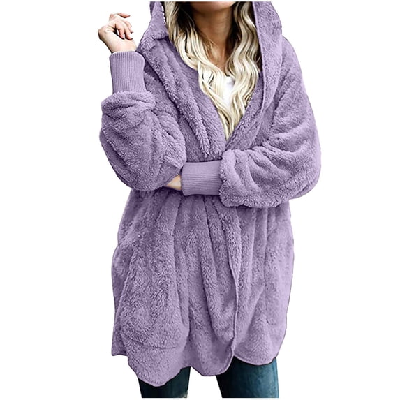 Atogsazn Women Hooded Cardigan Fuzzy Jacket Winter Open Front Fleece Coat Outwear with Pockets Purple B XXL on Clearance