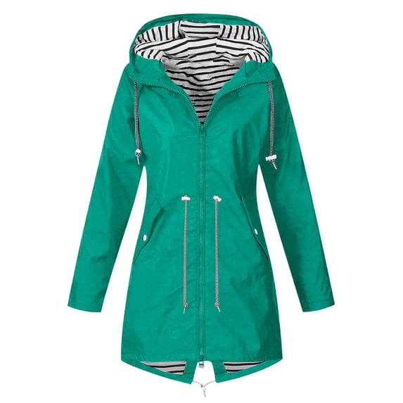 Atogsazn Women Long Rain Jacket Loose Outdoor Hooded Windproof Jacket Solid Color Coat with Pocket B-Green XL