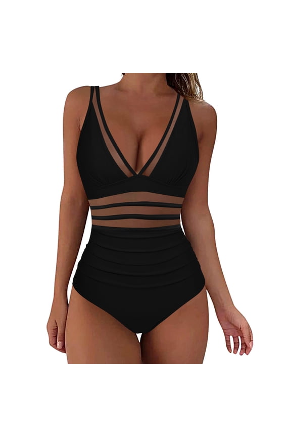 Women Mesh High Waisted Bikini Set V Neck Tummy Control Swimsuit 2 Piece Bathing Suit Black L