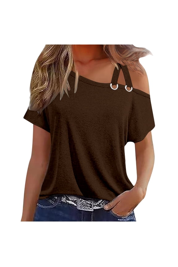 Women Short Sleeve Tunic Tops Solid Color Short Sleeve Shirt Loose Blouses Cold Shoulder Tops for Women Brown XL