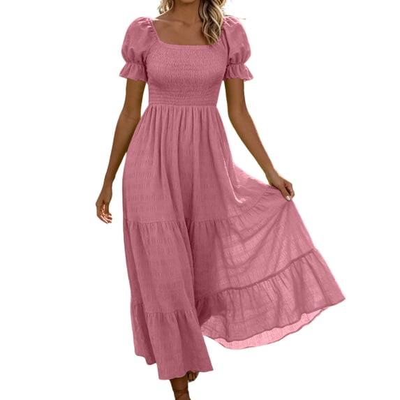 Atogsazn Women Square Neck Puff Sleeve Dress Smocked Tiered Maxi Dresses Flowy Ruffle A-Lined Sundress Pink XXL Fashion