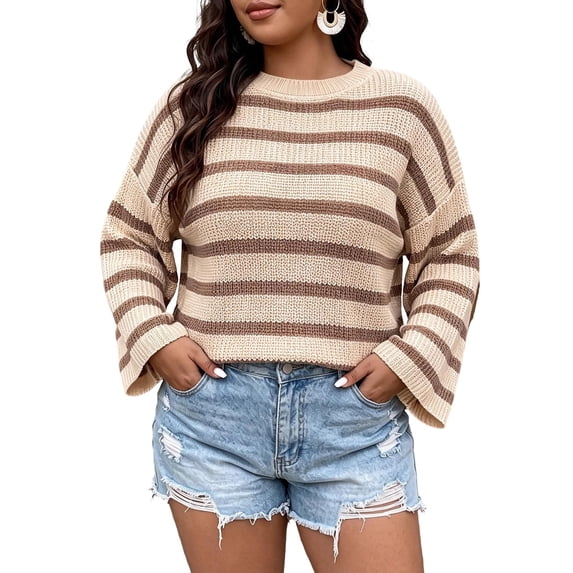 Atogsazn Women Striped Crew Neck Knit Sweater Casual Oversized Long Sleeve Pullover Sweaters Fall Winter Tops Beige L Fashion