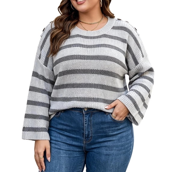 Atogsazn Women Striped Crew Neck Knit Sweater Casual Oversized Long Sleeve Pullover Sweaters Fall Winter Tops Gray XXXL Fashion