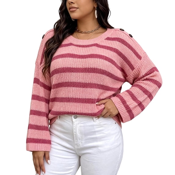 Atogsazn Women Striped Crew Neck Knit Sweater Casual Oversized Long Sleeve Pullover Sweaters Fall Winter Tops Pink L Fashion