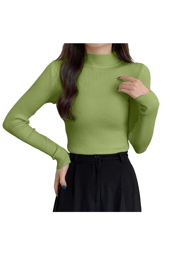 Women Turtleneck Knitted Sweater Casuak Tummy Control Ribbed Sweaters Slim Fit Pullover Tops Green Free Size Fashion
