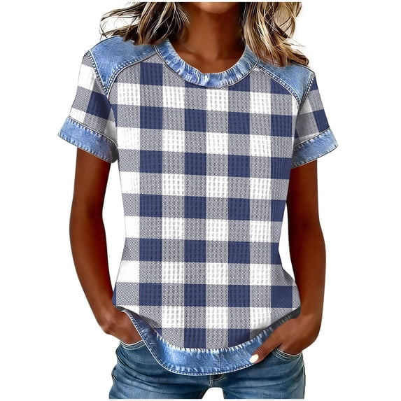 Atogsazn Women Waffle Colorblock Shirt Denim Patchwork Casual Short Sleeve Pullover T-shirt Crew Neck Tops Outfit 02-Navy XXXL Fashion