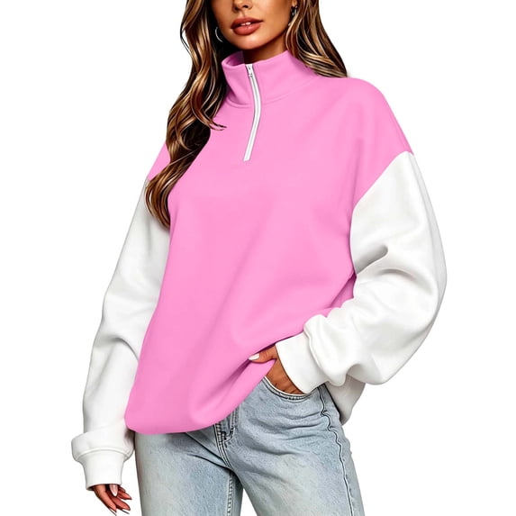 Atogsazn Women's 1/4 Zip Colorblock Sweatshirt Casual Oversized Long Sleeve Sweatshirt Pullover Tops Fall Winter Clothes Pink XXL Fashion